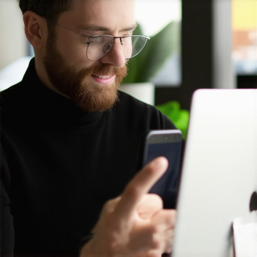 Business owner updating Google My Business profile on computer and smartphone